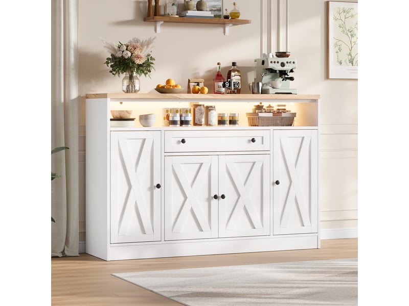 Buffet de cuisine rangement 140x35x95 cm - 4 portes style grange - led rvb avec application - tiroir et rangements de portes - mdf - blanc - Conforama E