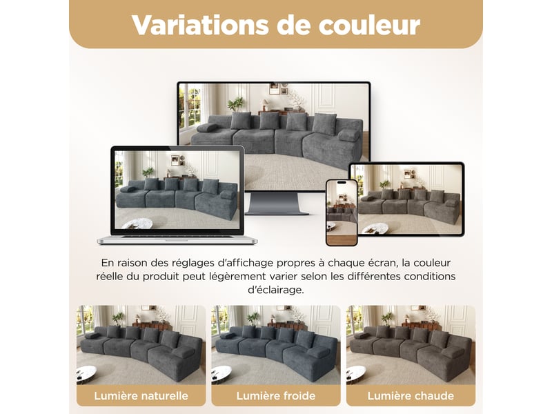 Canapé modulable 4 places, canapé en velours côtelé gris foncé, 4 modules indépendants sans montage, 311x90x65cm, pour salon moderne. - Conforama W
