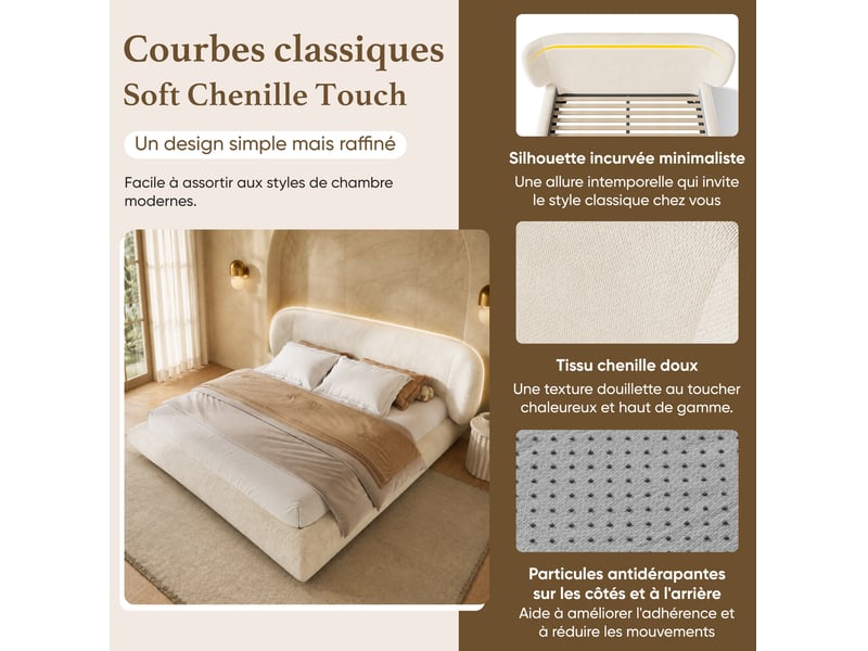  Lit rembourré 140 × 200 cm 2 places avec tête de lit, coins arrondis, sans matelas, en chenille beige  - Conforama E