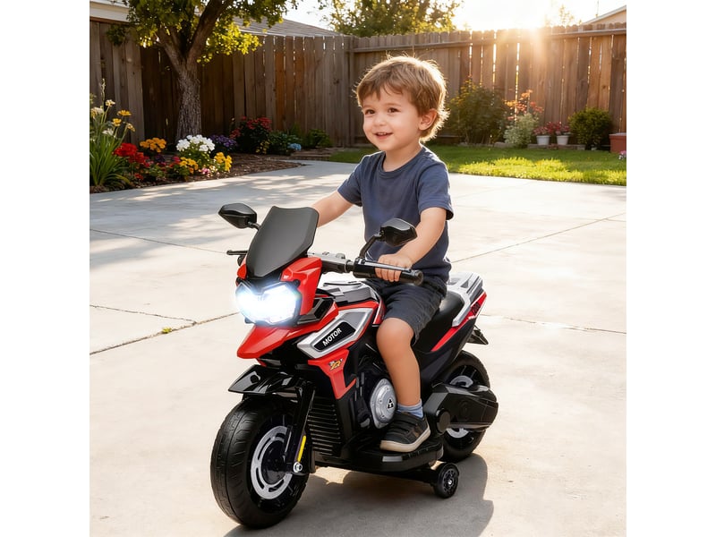  Moto électrique pour enfants avec roues, rétroviseurs et repose-pieds, en polypropylène et métal, 85,5 x 44,5 x 56 cm, rouge  - Conforama C