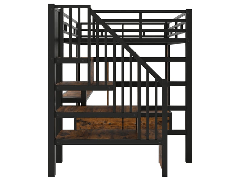  Lit mezzanine 140x200 cm, escalier de rangement, en mdf, métal, noir, bureau, lit enfant éclairage led, 2 tiroirs, sans matelas  - Conforama E