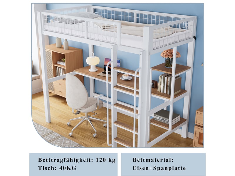 Lit mezzanine 90 x 200 cm, lit enfant surélevé, bureau intégré, étagères ouvertes, échelle, barrières de sécurité, métal, blanc Morn Vibe - Conforama E