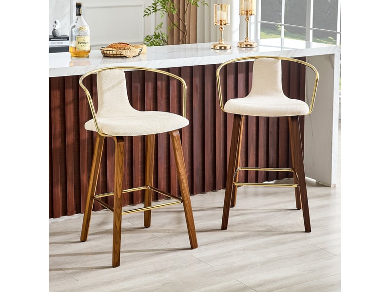  Lot de 2 tabourets de bar 48x44x88cm  - modern skandinavisch - pieds en noyer - siège en velours teddy - beige  - Conforama D