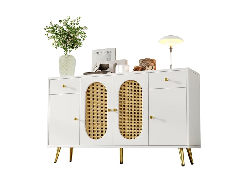 Buffet, bicolore blanc et naturel, panneau de particules, 140 × 35 × 82 cm, 4 portes, 2 tiroirs, étagères réglables, pieds métal  - Conforama A