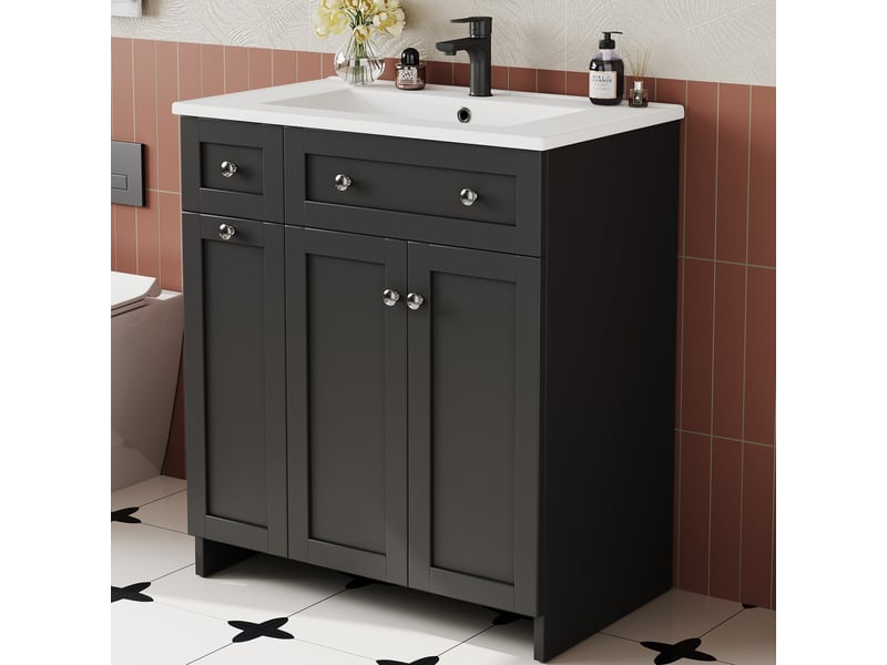  Meuble sous vasque avec 1 porte et 3 tiroirs, vasque en céramique, finition laquée, noir, salle de bain 76×47×86 cm  - Conforama B