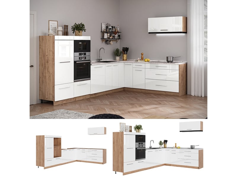 Vicco cuisine en angle, blanc haute brillancechêne de force doré, 327x60cm, pt marbre - Conforama D