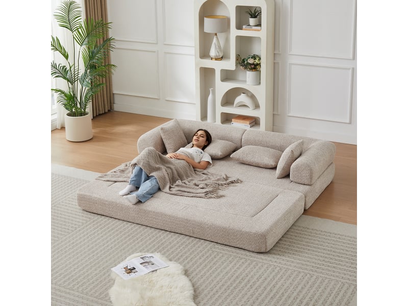 Canapé-lit convertible 2 places,200x95x68cm,canapé modulable 4 en 1 en tissu chenille,dossier réglable,4 coussins inclus,aucun montage requis,kaki - Conforama B