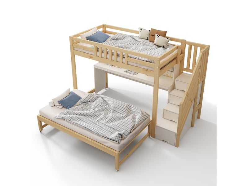  Lit superposé enfant 90x200 cm avec lit gigogne 90x190 cm et bureau, blanc et chêne  - Conforama A