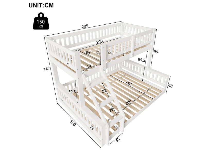  Lit superposé 90x200cm+140x200cm sécurité garde-corps escalier pin pour enfants design simple blanc sans matelas  - Conforama C