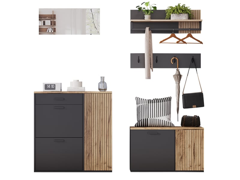  Meuble d'entrée complet, ensemble de vestiaire d'entrée 5 pièces avec meuble à chaussures banquette miroir étagère et patères, naturel  - Conforama A