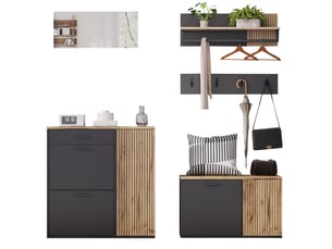 Meuble d'entrée complet, ensemble de vestiaire d'entrée 5 pièces avec meuble à chaussures banquette miroir étagère et patères, naturel