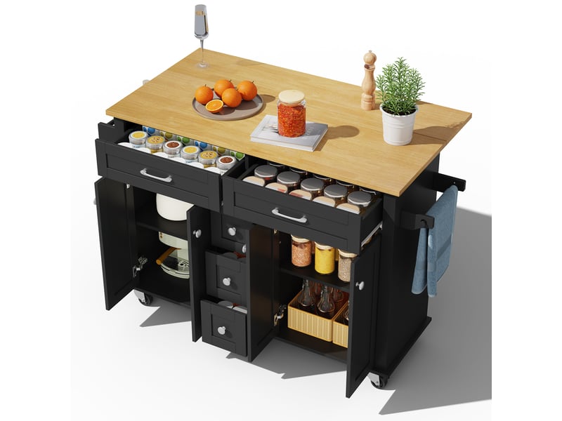  Chariot de cuisine multifonction - plan de travail extensible 120×65 cm - 5 tiroirs et armoires spacieuses 140x65x89cm - Conforama B