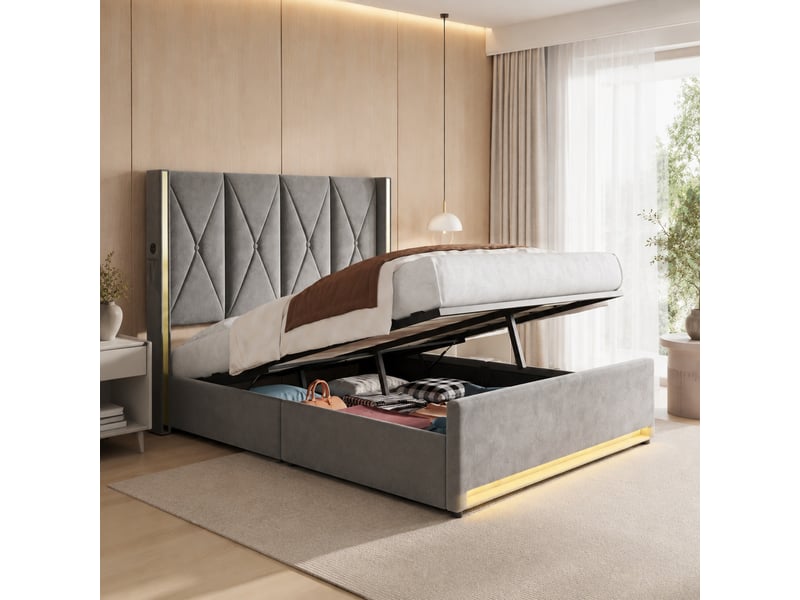  Lit coffre double 160×200 cm avec led réglable, usb et type-c - okmyhome- velours gris foncé, sans matelas  - Conforama B