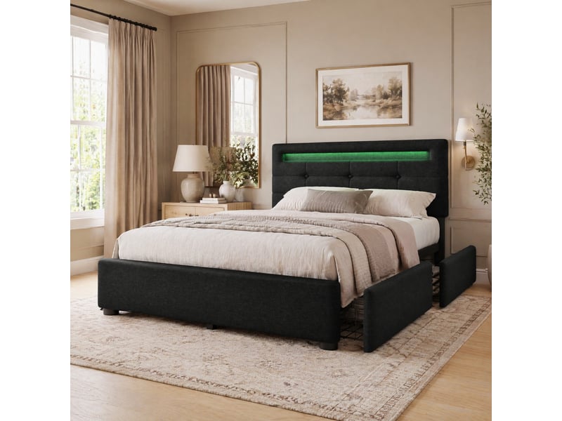 Modenvie lit 1 place 90x200 cm - led, 2 tiroirs et tête de lit réglable, matelas inclus - noir  - Conforama D