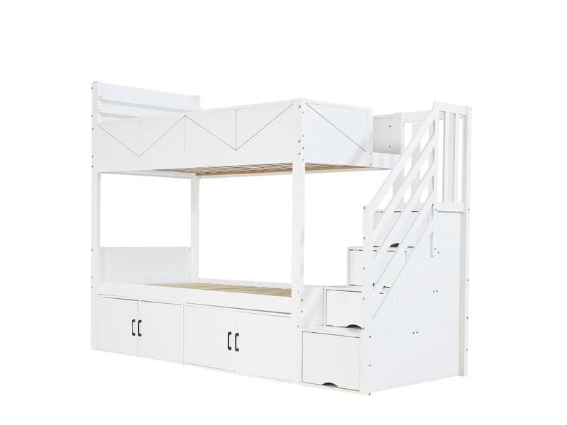  Lit superposé 90x200 cm, escalier de rangement et placards sous le lit, en bois, blanc, sans matelas  - Conforama D