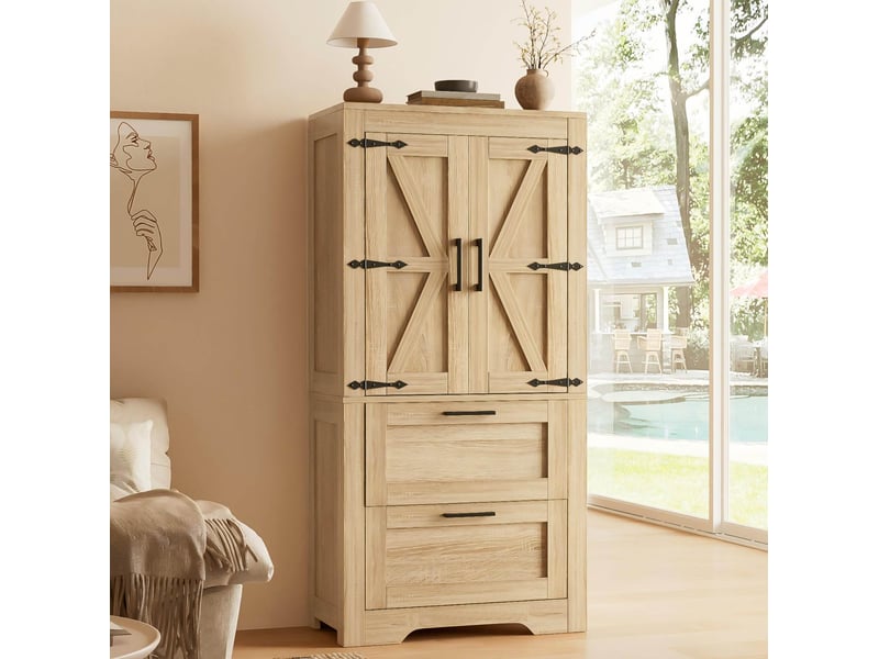  Meuble de rangement 60x30x128 cm, 2 portes, 2 tiroirs, finition bois naturel  - Conforama E