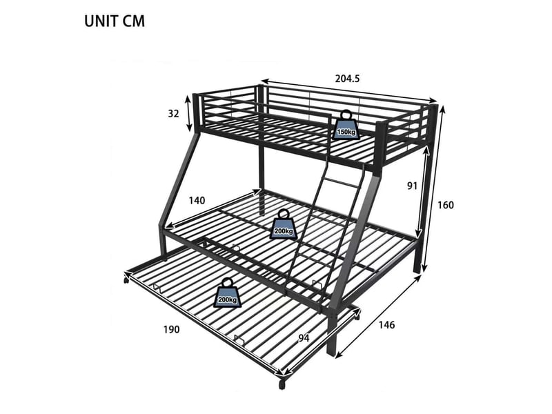  Lit superposé 4 places 90×200 cm, 140×200 cm et 90×190 cm - okmyhome- lit gigogne, sans matelas, métal noir  - Conforama D