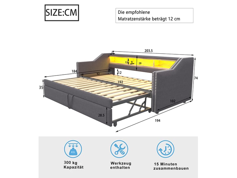  Lit gigogne simple 90×190 cm extensible 180×190 cm, led et usb  - 2 matelas inclus, lin gris foncé  - Conforama D