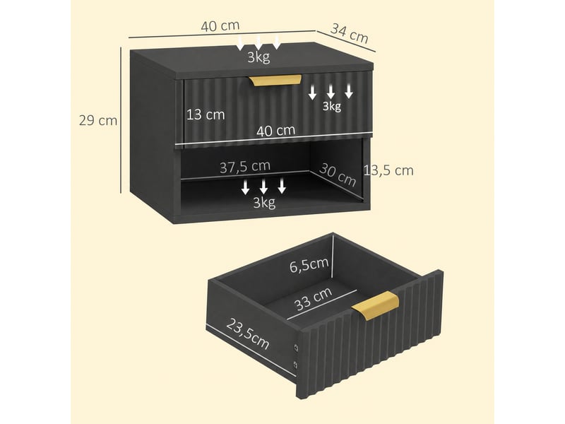  Lot de 2 tables de chevet suspendues, tables de nuit murales avec tiroir et niche, moderne, noir, 40x34x29cm  - Conforama C