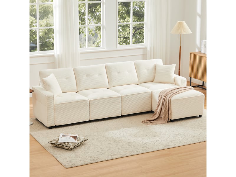 Canapé droit 4 places beige en velours côtelé, 280 × 146 × 85 cm, avec rangement et pouf mobile, pour salon - Conforama E