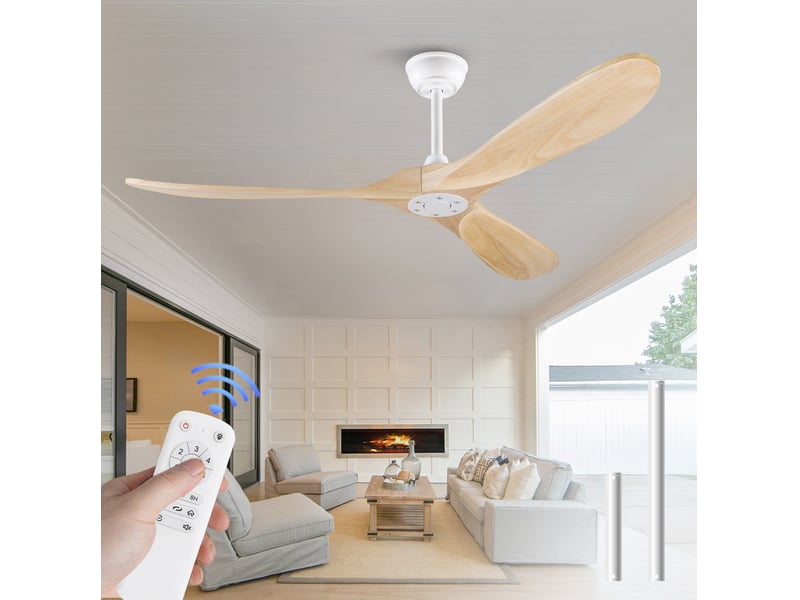  Grand ventilateur de plafond en bois sans lumière, 60 pouces, finition bois naturel, étanche, design mid-century moderne  - Conforama C