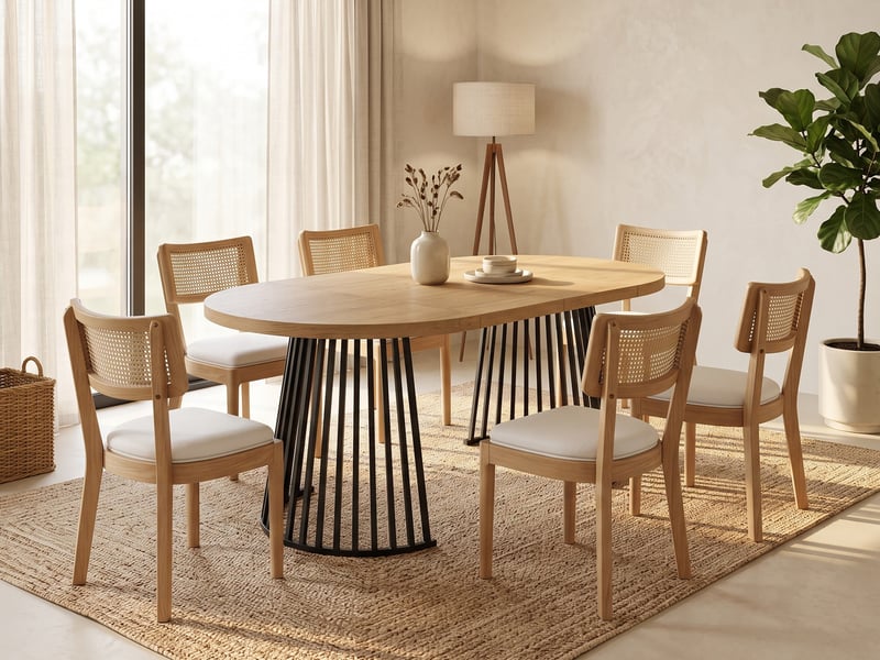 Ensemble table et chaises 4-8 pers, table extensible 100/138/176x100cm, chênenoir + 6 chaises bois/rotin lin - Conforama B