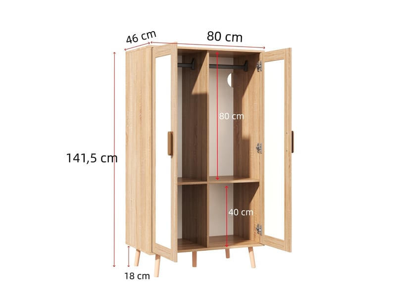  Armoire enfant avec 2 portes, 2 tiroirs et barre de penderie pour chambre, naturel et blanc, 160 × 46 × 141,5 cm  - Conforama E