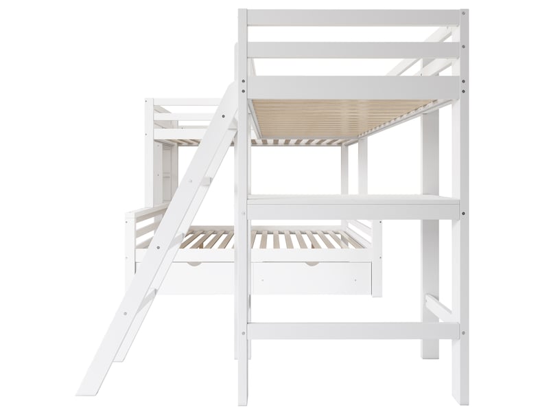  Lit superposé enfant 3 couchages avec bureau rangement pin blanc 140x200+90x200 cm avec tiroirs et étagère  - Conforama E