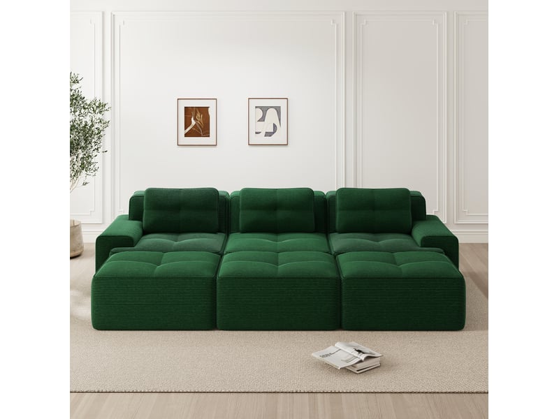  Canapé modulable convertible 3 places avec 3 poufs en velours côtelé vert  - Conforama C