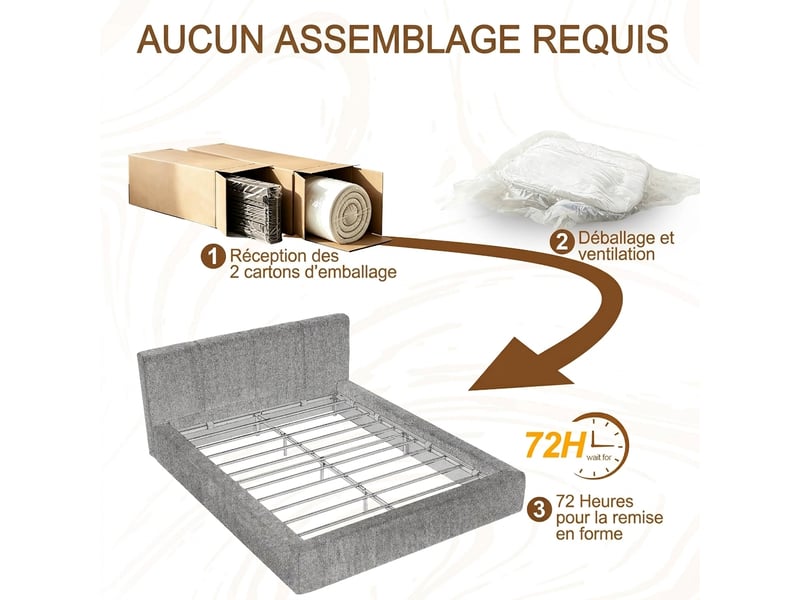  Cadre de lit 160x200 avec tête de lit capitonnée, structure en acier renforcé, lit double blanc crème  - Conforama E