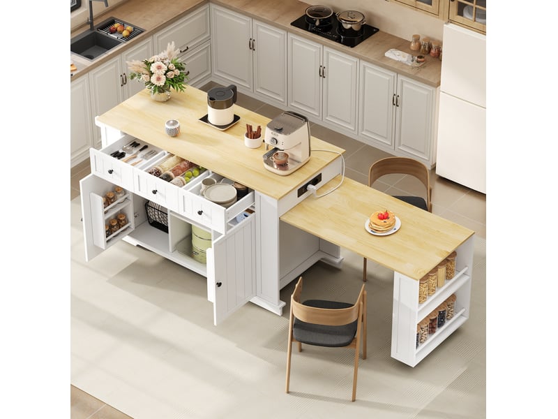  Desserte de cuisine avec table extensible, 2 portes, 2 tiroirs, prises et ports usb pour les repas, blanc naturel  - Conforama C
