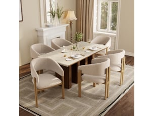 Lot de 6 chaises de salle à manger en métal effet bois, tissu en lin, naturel et beige