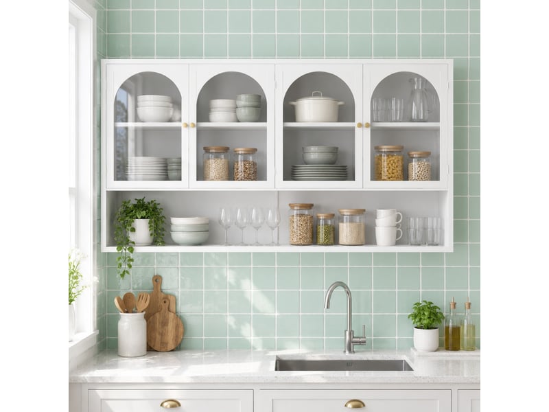  Armoire murale à 4 portes avec étagères en verre gris et métal pour cuisine et salon 120 × 23 × 70 cm  - Conforama B