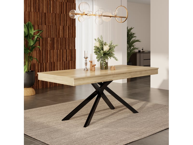 Table à manger extensible 140180x80x76 cm, 6 à 8 places, plateau épais, pieds croisés métal, mdf, chêne - Conforama D