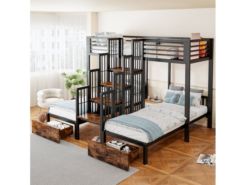  Lit superposé triple 90x200 cm avec escalier central, tiroirs et garde-corps noir  - Conforama B