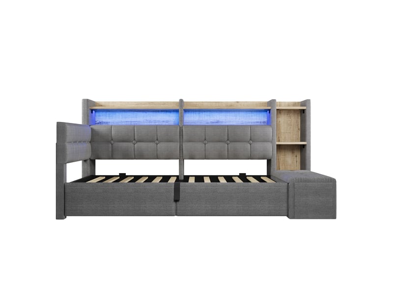  Lit de jour canapé-lit, 90 × 200 cm, gris foncé, mdf et velours, coffre hydraulique, banquette coffre, rangements, led  - Conforama A