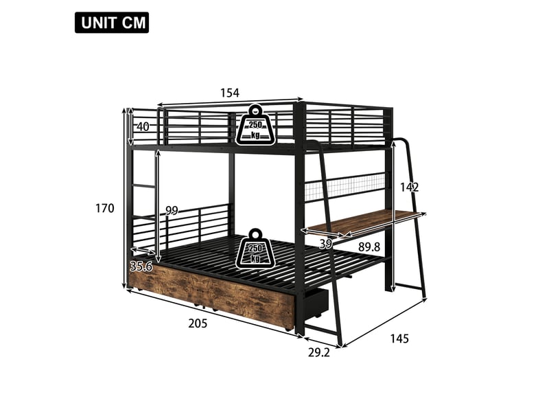  Lit mezzanine 2 places 200×140 cm, bureau et 2 tiroirs - okmyhome- led réglable, prises usb et type-c, sans matelas  - Conforama D