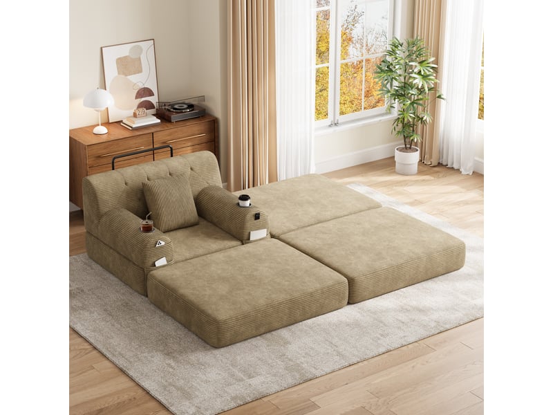  Fauteuil convertible 1 place avec fonction couchage, dossier haut, 4 poches et 2 porte-gobelets, en velours côtelé kaki  - Conforama B
