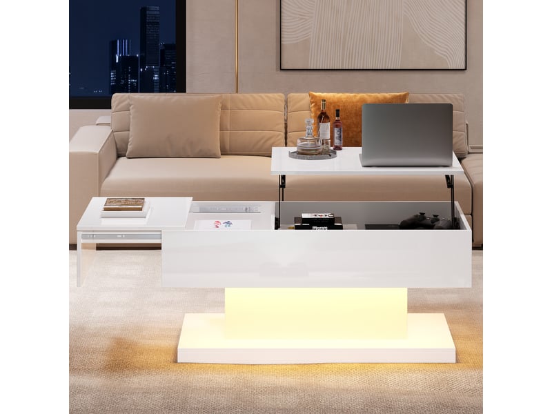  Table basse relevable blanche avec led 100x50x45 cm - plateau coulissant et rangement intégré  - Conforama R