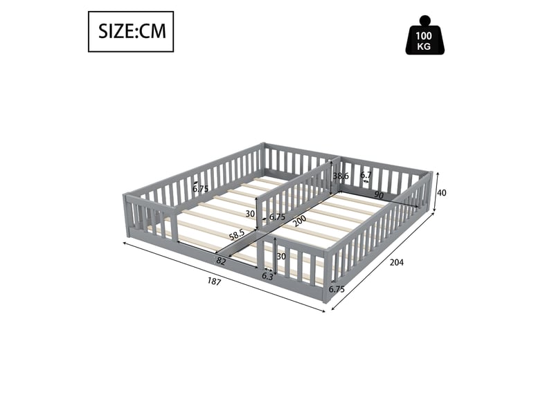  Lit enfant 90x200 au sol avec barrière de sécurité, lit en bois de pin gris pour deux enfants, sommier inclus, 204x187x40 cm  - Conforama C