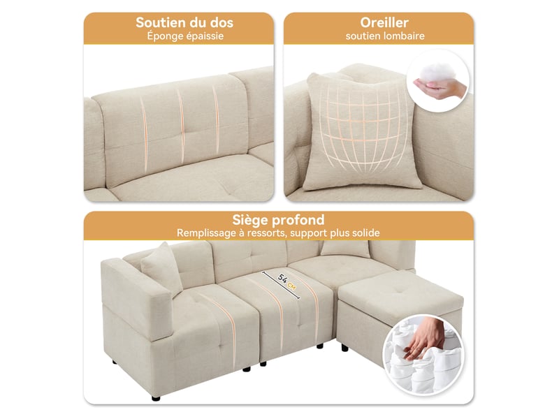 Canapé d'angle modulable 3 places 204x126 cm avec pouf coffre amovible, assise à ressorts ensachés, 2 coussins, chenille beige Radiant Stride - Conforama E