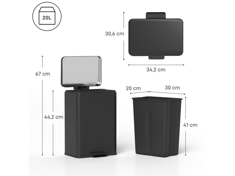 Poubelle à pédale 20 l – 34,2 x 30,6 x 44,2 cm – noir mat – couvercle à fermeture douce - Conforama C