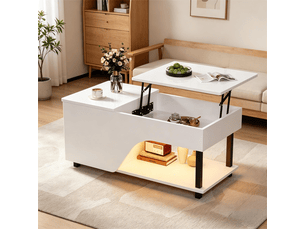Table basse relevable 100x50 cm avec rangement caché et led, table de salon modulable en bois et métal, blanc brillant