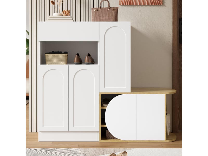 Meuble à chaussures 130x35x110,5 cm avec banquette, 5 portes, 1 tiroir et niche ouverte, grand rangement - Blanc et naturel Fay Lum - Conforama B