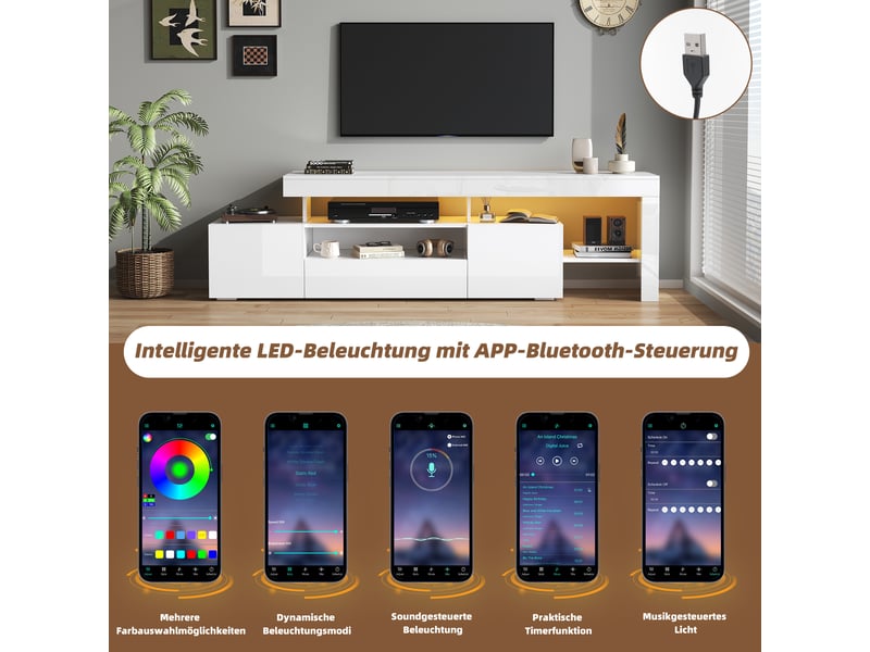  Meuble tv 3 portes avec niches et led pour salon 192×37×53 cm en panneaux de particules blanc  - Conforama C