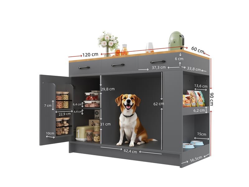  Îlot de cuisine 120x60x90 cm gris naturel avec 3 tiroirs et espace pour animal  - Conforama C