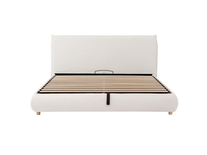 Lit coffre rembourré double 180x200 cm fonctionnel vérin sommier lattes tête lit grand espace rangement tête rembourrée pieds bois massif blanc bouclé  - Conforama A