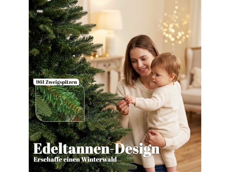  Sapin de noël artificiel 180 cm, sapin noble, nombreuses branches pliables, 961 pointes, support en bois pliable, vert  - Conforama E
