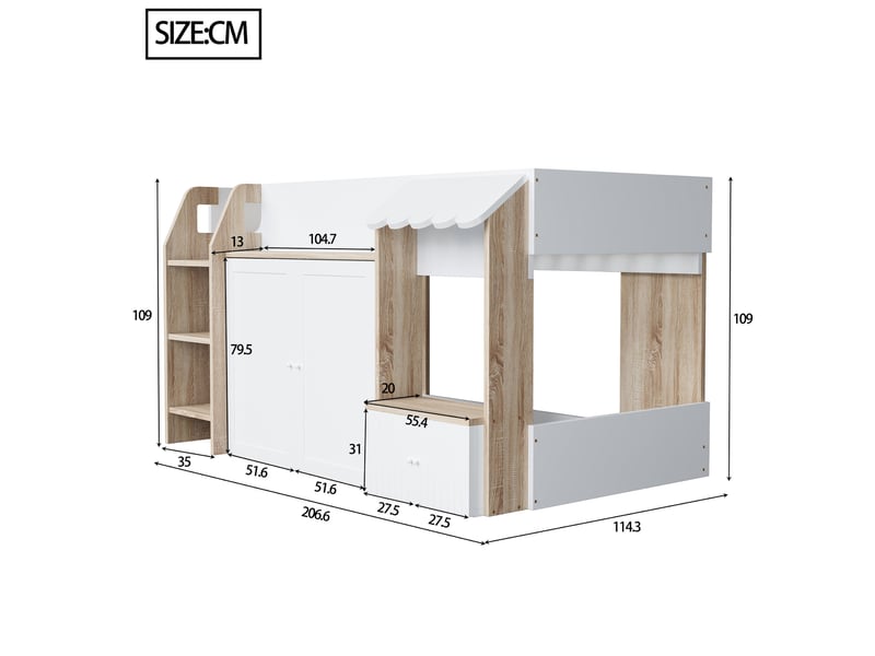 Lit superposé enfant 90x200 cm, avec mezzanine mi-hauteur, portes, un seul sommier, pin, blanc et bois, sans matelas - Conforama C