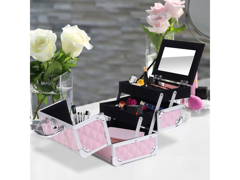  Trousse de maquillage professionnelle, boîte de beauté portable avec miroir, serrure, plusieurs compartiments, 20 x 15 x 15 cm, aluminium  - Conforama C